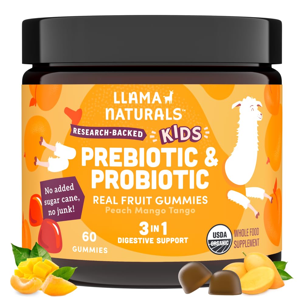 Llama Naturals Niños Probiótico con fibra prebiótica, Vegan, Prebióticos orgánicos y Gummies Probióticos para Gut Health Support, Toddler Real Fruit Gummy Vitaminas, No Añadido Sugar Cane, Peach Mango, 60 Ct
