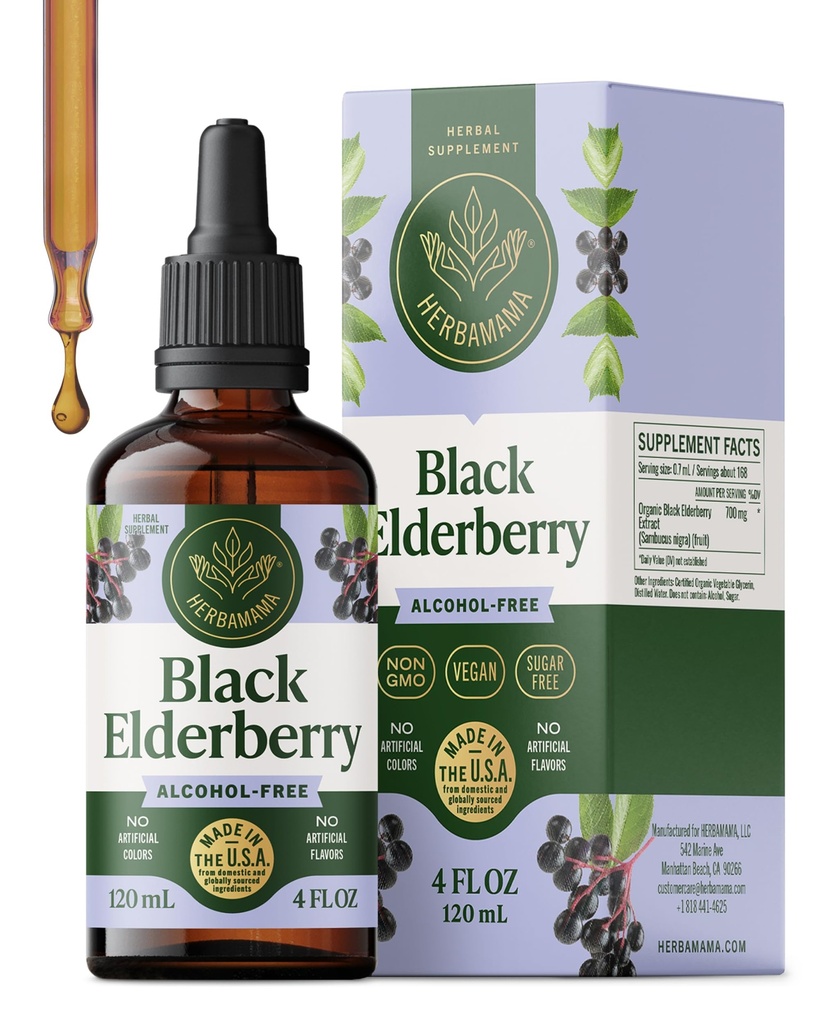 HERBAMAMA Black Elderberry Drops - Vegan Elderberry Liquid Extract for Immune Support - Non-GMO, Alcohol &amp; Sugar-Free Immunity Supplement, 42-Day Supply