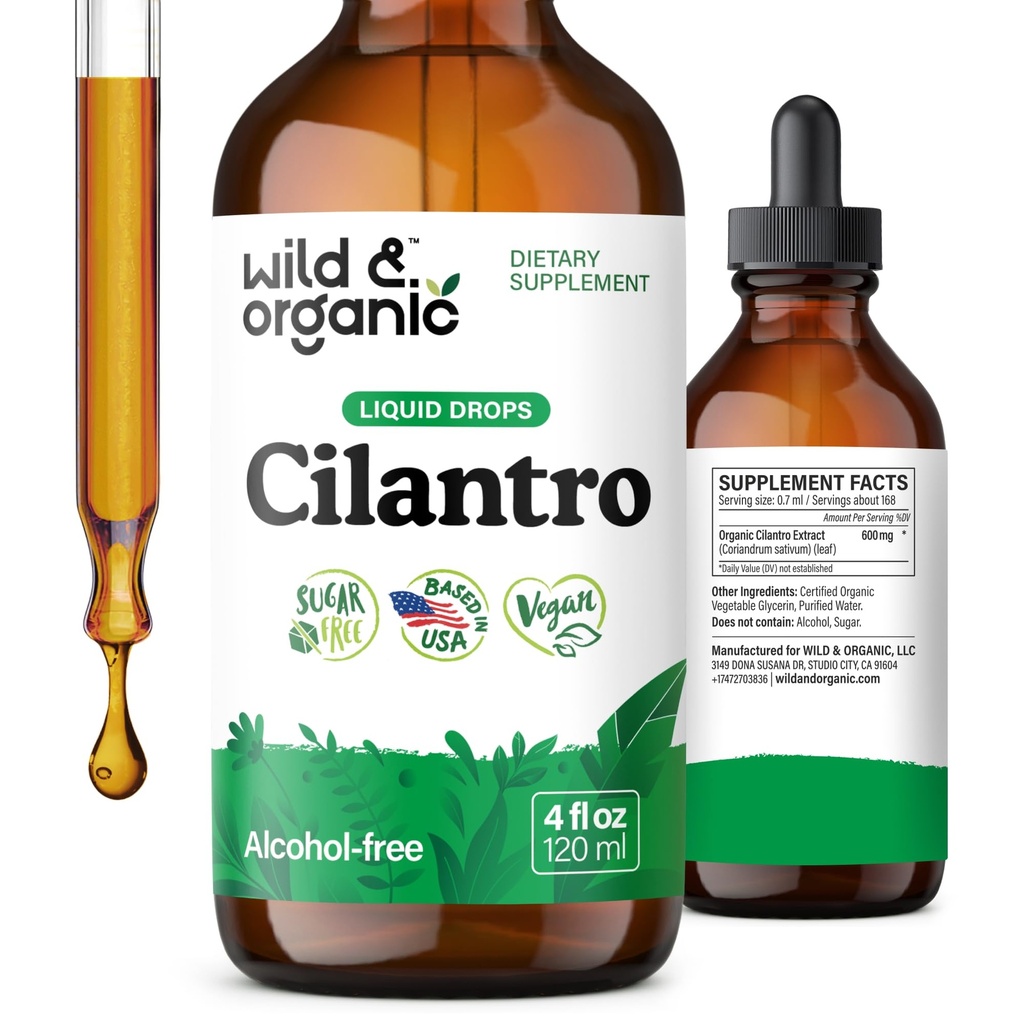 Wild & Organic Cilantro Tincture - Herbal Detox Drops with Cilantro Extract - Liquid Coriander Leaf Supplement - Vegan, Sugar & Alcohol-Free Drops - 4 fl oz