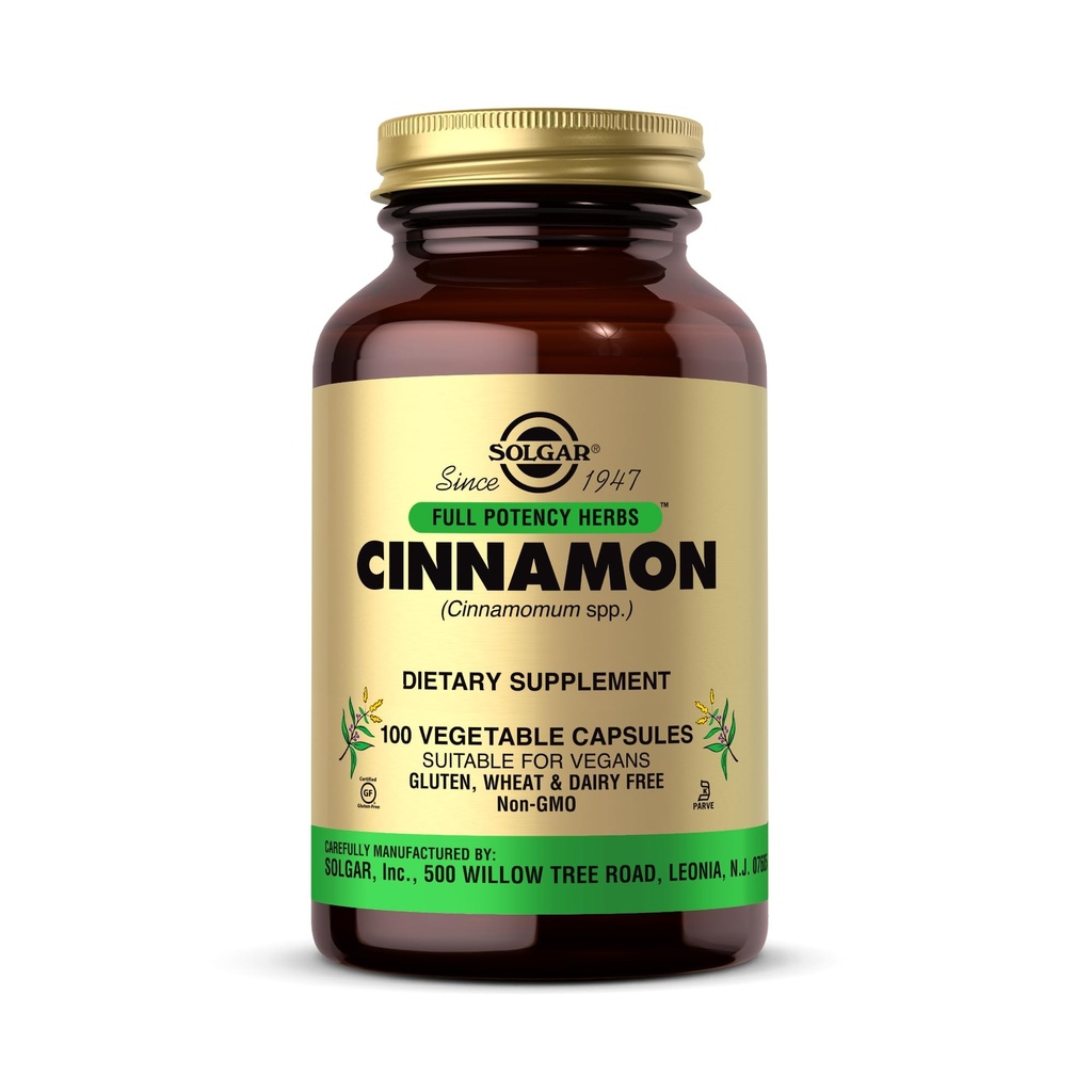 Solgar Cinnamon - 100 cápsulas vegetales - Full Potency (FP) - Non-GMO, Vegan, Gluten Free, Dairy Free, Kosher - 100 piezas