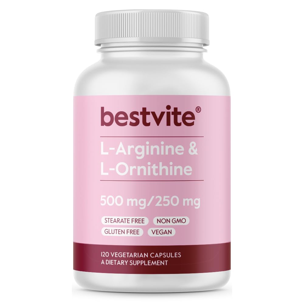 BESTVITE L-Arginine L-Ornithine 500-250 (120 cápsulas vegetarianas) - No Stearates - No Fillers - Vegan - No Gluten Gratis - No Calcium Silicate