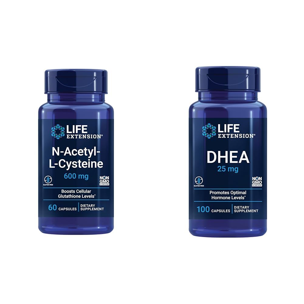 Extensión de la vida N-Acetyl-L-Cysteine (NAC), Immune, Respiratory &amp; DHEA 25 mg – Suplemento para Equilibrio hormonal, Apoyo Inmunitario, Salud Sexual, Hueso &amp; Salud Cardiovascular