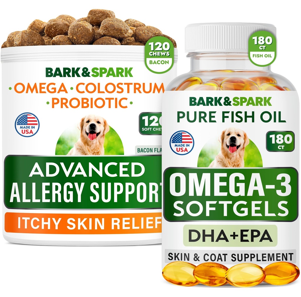 Avanzada alergia al perro + Omega 3 Bundle - Itch Relief - Probióticos w/Fish Oil Omega 3 + EPA pacienteA Fatty Acid - Alergias de la piel + salud conjunta - 120 Chews + 180 Softgels - Bacon + Fish Flavor - Made in USA