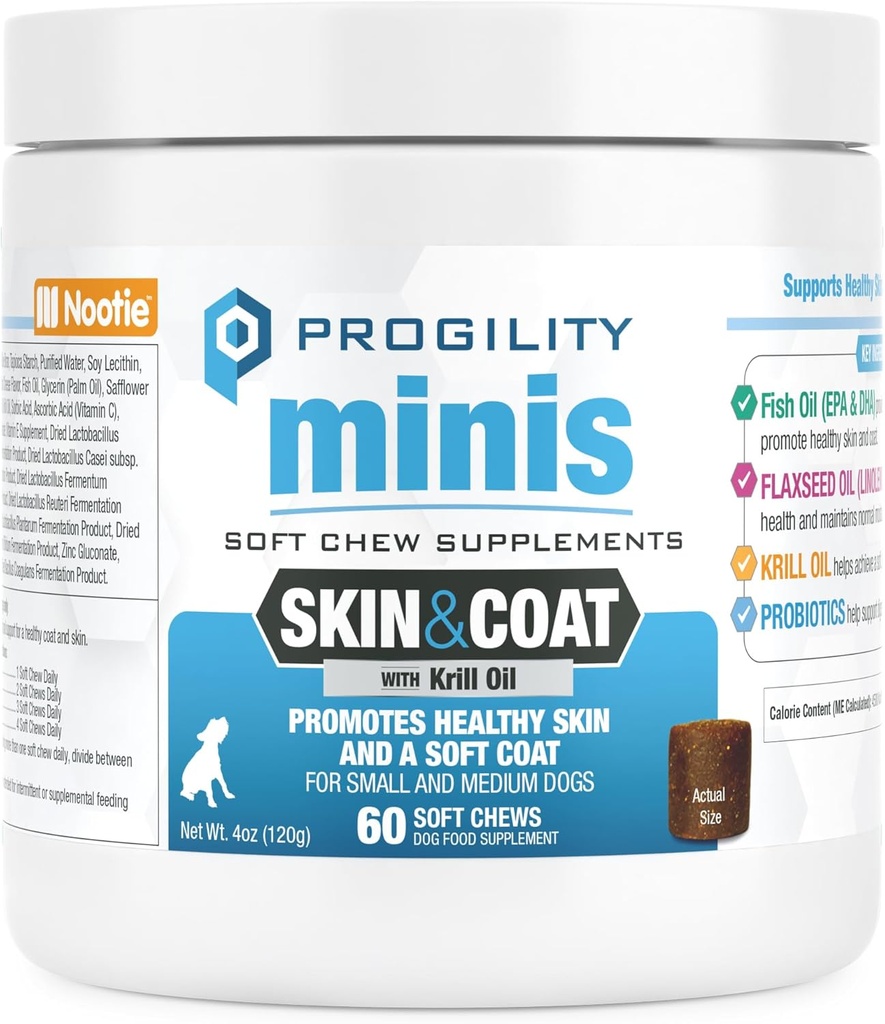 Nootie Progility Mini Skin &amp; Coat Suplemento para perros pequeños, Fish Oil Supports Healthy Skin & Coat, 60 Soft Chews per Container