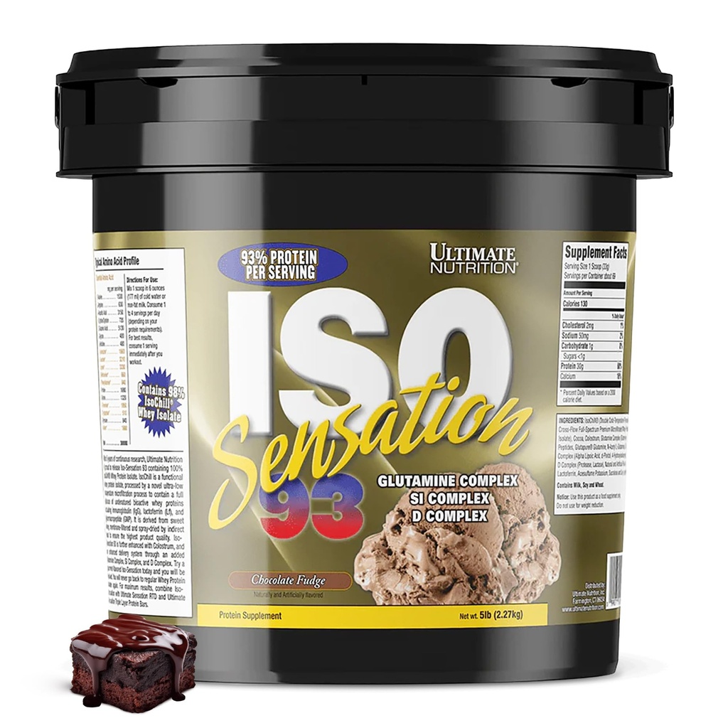 Ultimate Nutrition Iso Sensation 93 with Glutamine, Whey Protein Isolate Powder, 30 Grams of Protein, Low Carb Protein Shakes, Keto Friendly, 5 libras, Chocolate Fudge Flavoured