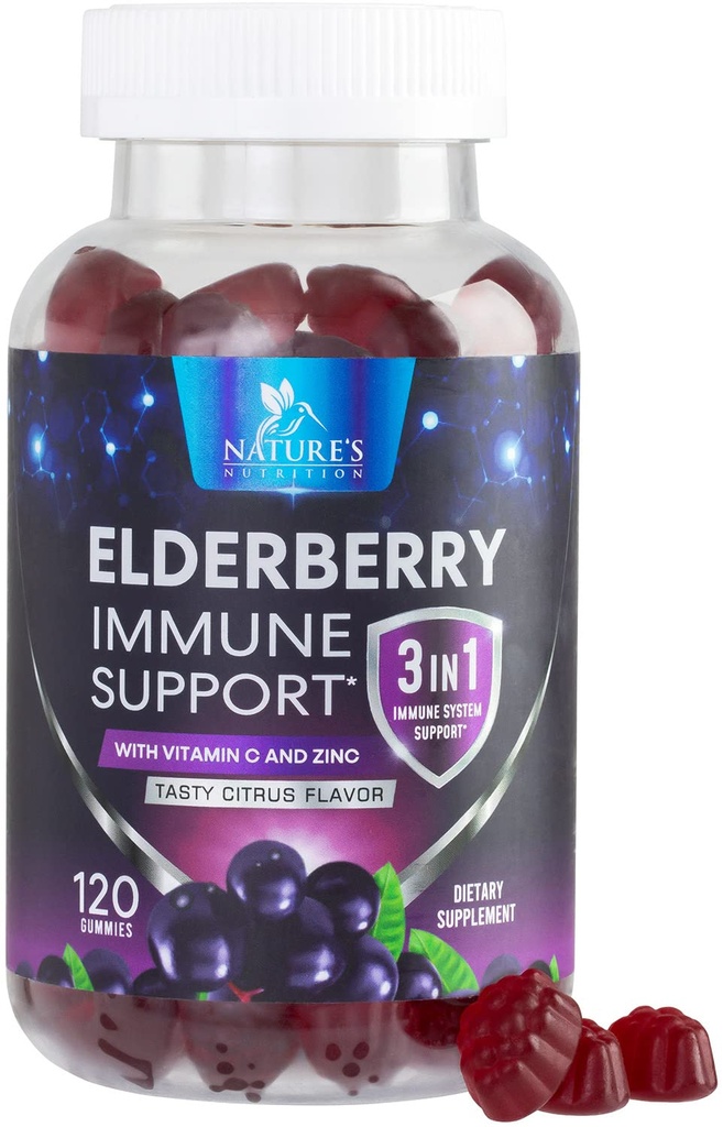 Gummies de Elderberry con vitamina C, D3 y Zinc - Immune Support Gummy for Kids &amp; Adults, Black Elderberry Extract Gummy Immune Health Support Suplemento, Black Elder Berry Vitamin - 120 Gummies