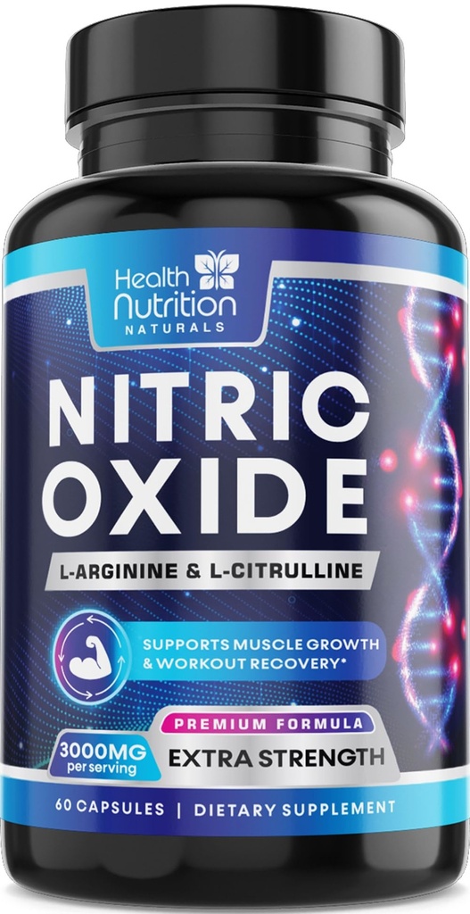 Extra Strength Nitric Oxide Booster 3000mg - 3X L-Araginine AKG & HCI + L-Citrulline Malate - Best Muscle Support Nitric Supplement - Natural Energy, Heart Health Support Bottled USA - 60 cápsulas