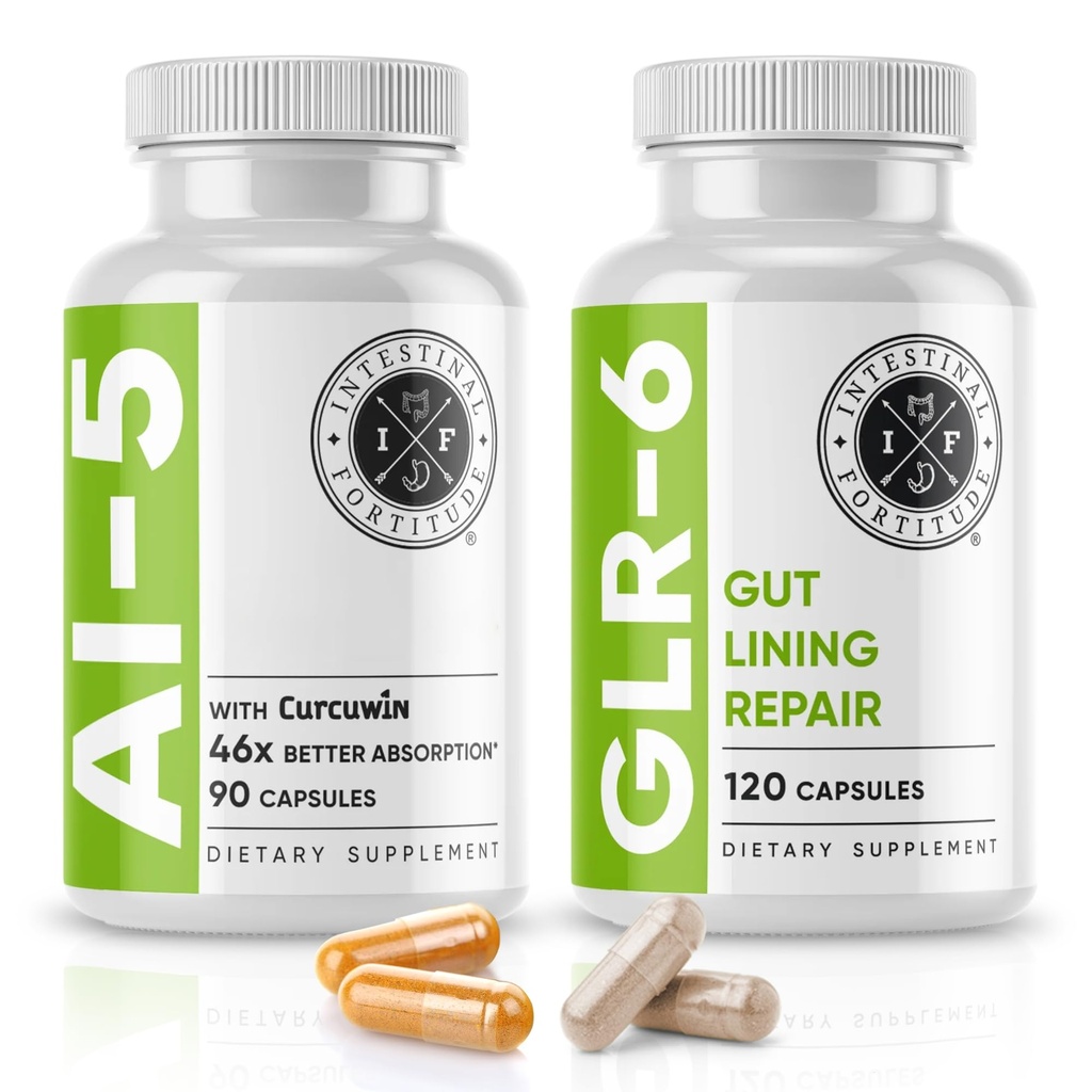 Intestinal Fortitud AI-5 " GLR-6 Suplemento de salud digestiva Bundle w/Glutamine, Turmeric, Curcumin for Gut Health Capsule Suplemento " Apoyo Digestive Health, Non-GMO, Dairy Free - 30-Day Supply