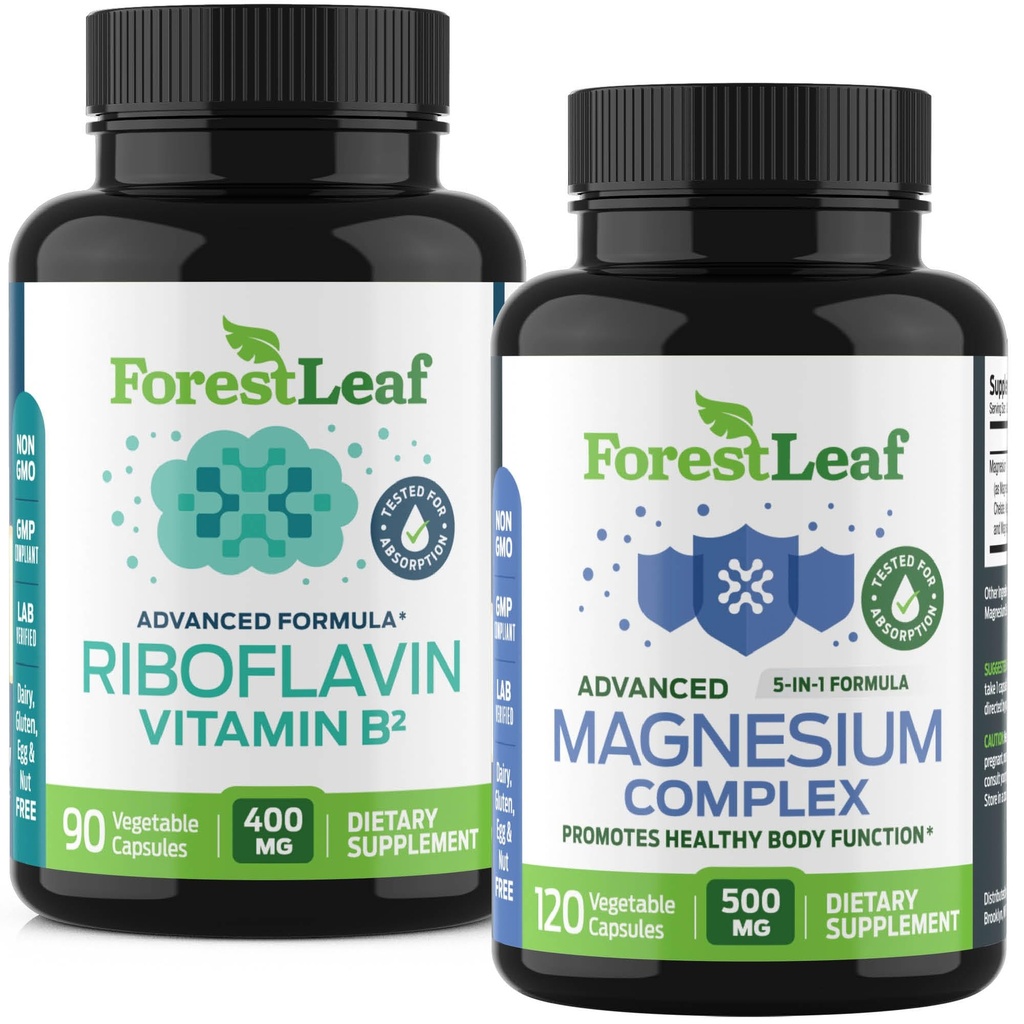 ForestLeaf Riboflavin &amp; Magnesium Migraine Suplemento - Riboflavin 400mg para Headache Relief - Ultimate Magnesium Bundle con B2 Vitamin 400mg para Headache Migraine Relief Capsules
