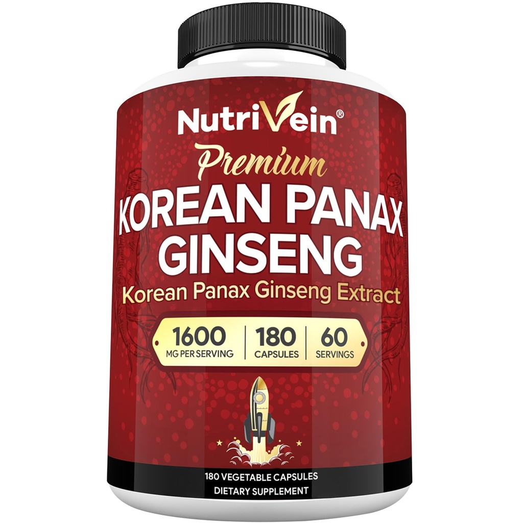 Nutrivein Coreana Red Panax Ginseng 1600mg – Fórmula de Fuerza Extra – 180 cápsulas – Energía Aumenta, Enfoque Mental &amp; Salud Inmune Naturalmente