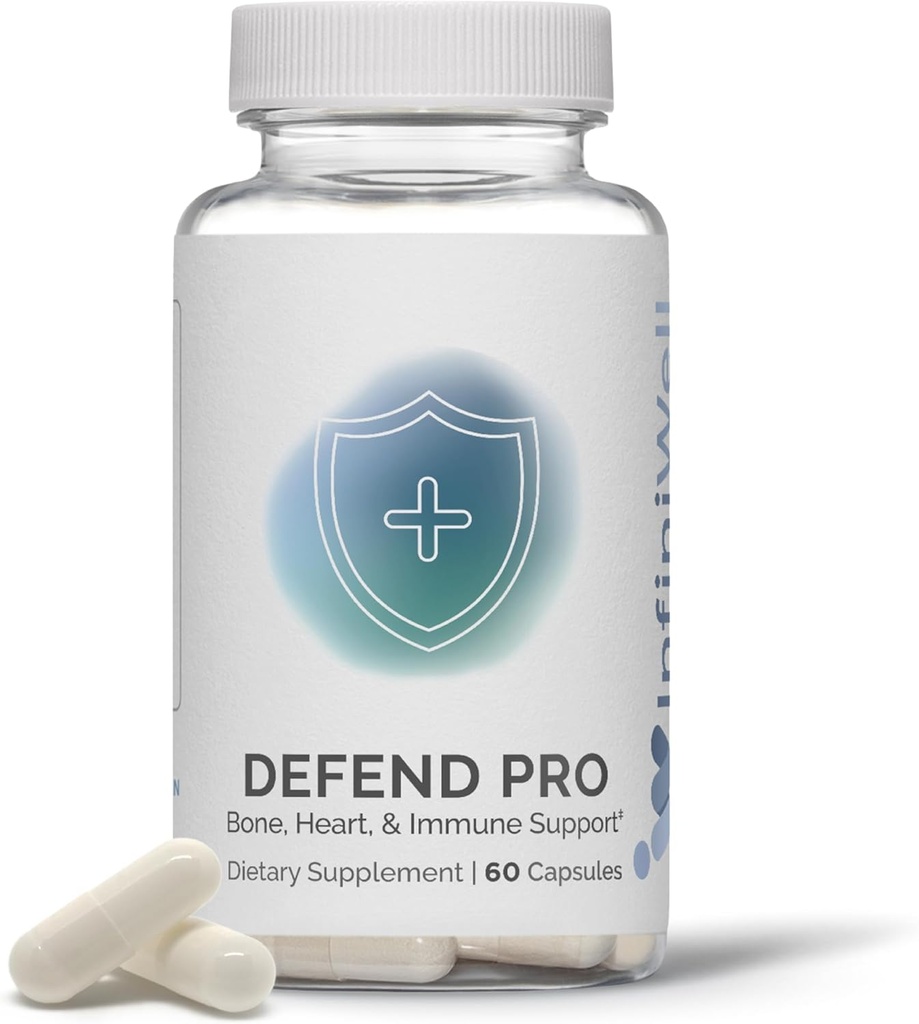 InfiniWell Defend Pro Bone &amp; Immune Support Supplement - Vitamin A, D3 & K2 Supplement - Bioavailable, Active Nutrients - 250mcg VIT D - Aid Bone Strength, Heart Health &amp; More (60 cápsulas)