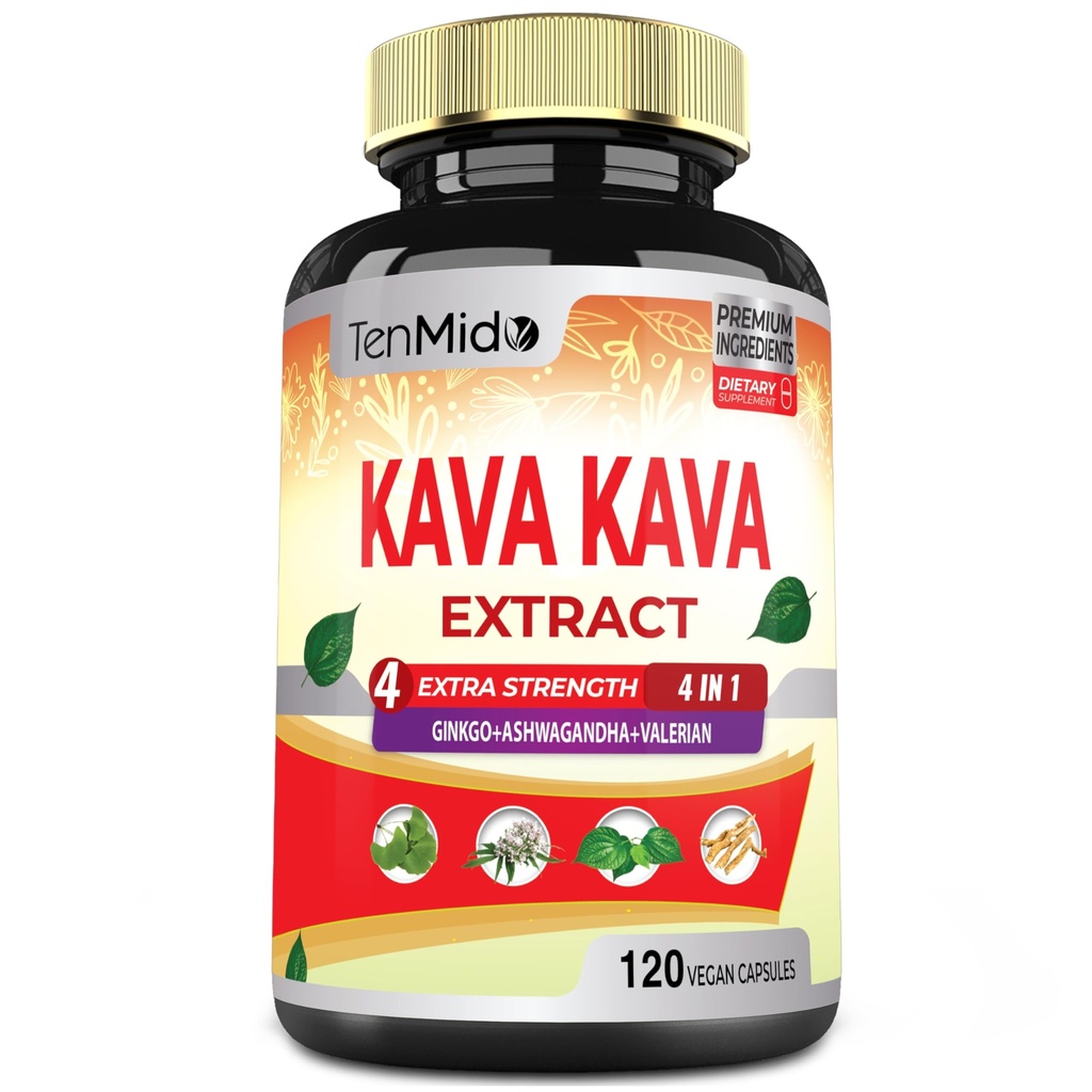 Kava Kava Suplemento Extract Capsules, 4 Months Supply with Ginkgo, Ashwagandha, Valerian- Relax Supports Suplemento- 120 Vegan Capsules