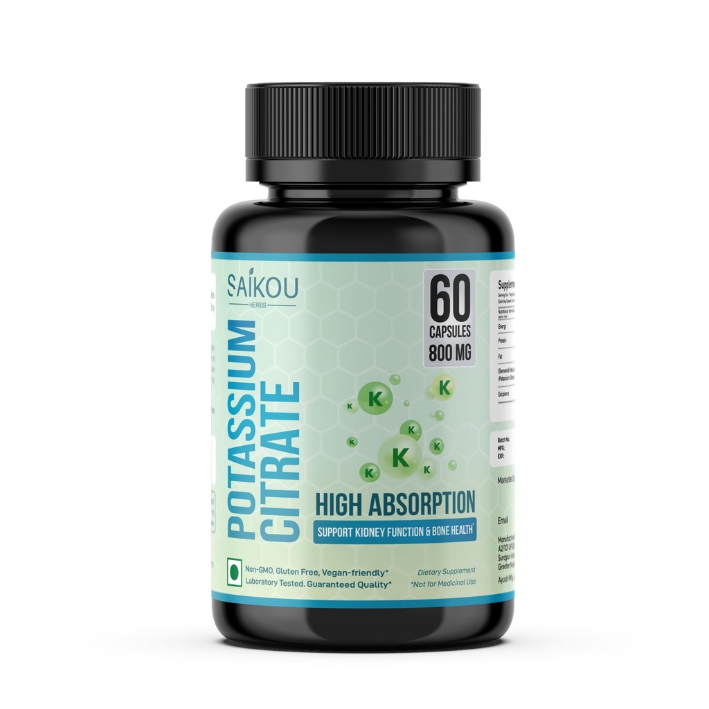 Citrato de potasio 800 mg Suplemento de Potasio de Alta Absorción - 60 Servimientos Soportes Balance de electrolitos - Puro y Potente