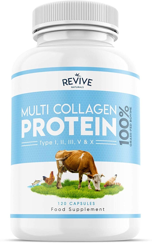 Revive Naturals Multi Collagen Protein Capsules - Tipos I, II, III, V & X - Hidrolysed Grass Fed Bovine, Wild Caught Marine & Free-Range Chicken, Made with Hyaluronic Acid &amp; Vitamin C, 120 Caps