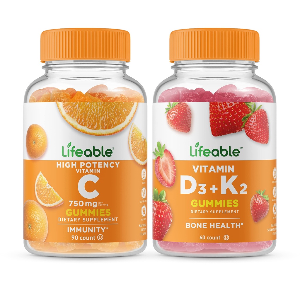 Vitamina vital C 750mg + Vitamina D3 + Vitamina K2, Gummies Bundle - Gran Tasting, Suplemento de vitaminas, Gluten Gratis, GMO Gratis, Chewable Gummy