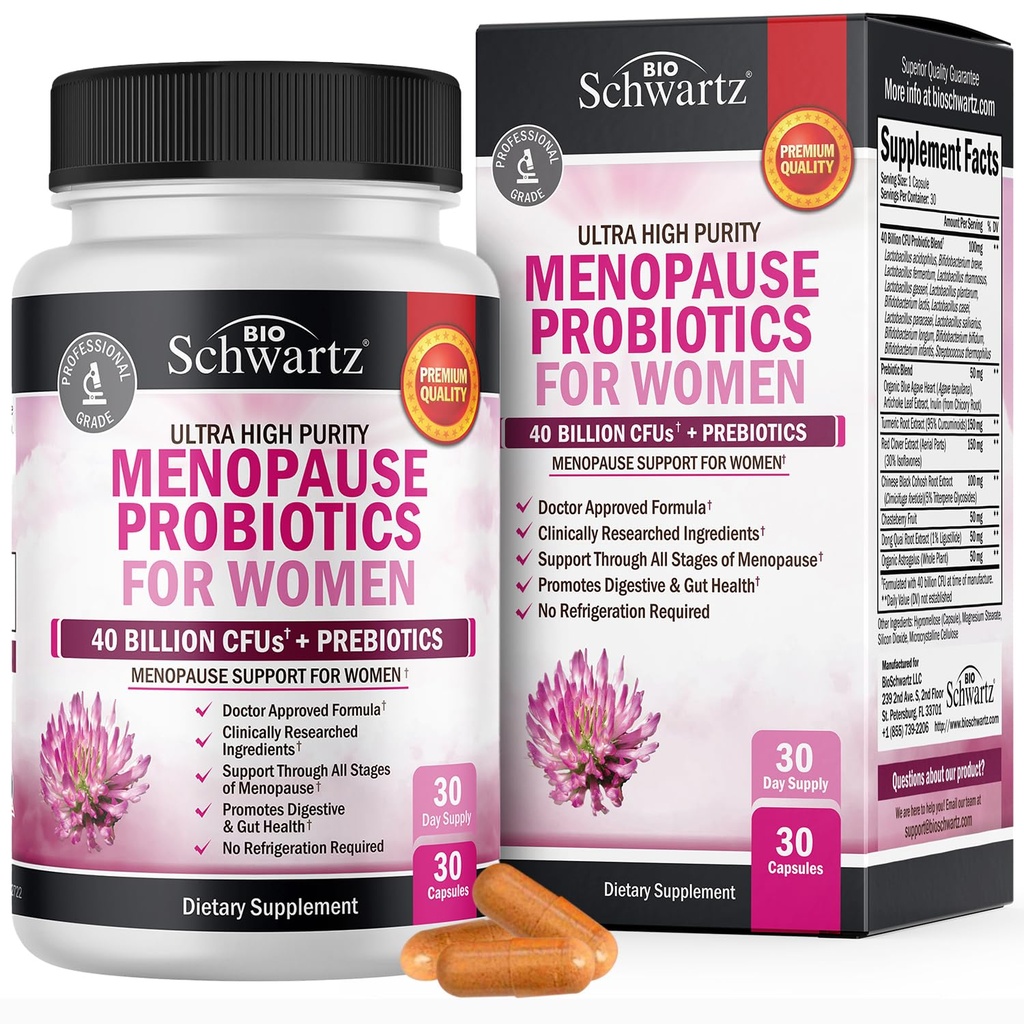 Suplementos de la menopausia para mujeres - 40 millones de probióticos de la menopausia CFU para mujeres - Apoyo para las sudaderas de la noche de Flashes calientes Mood Swings and Balance - Non-GMO, 30 cápsulas fáciles de cambiar, 30 servicios