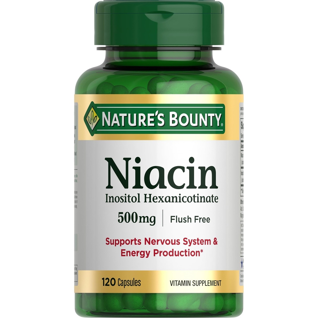 Bounty Niacin 500mg Flush Free, Cellular Energy Support, Supports Nervous System Health, 120 Capsules
