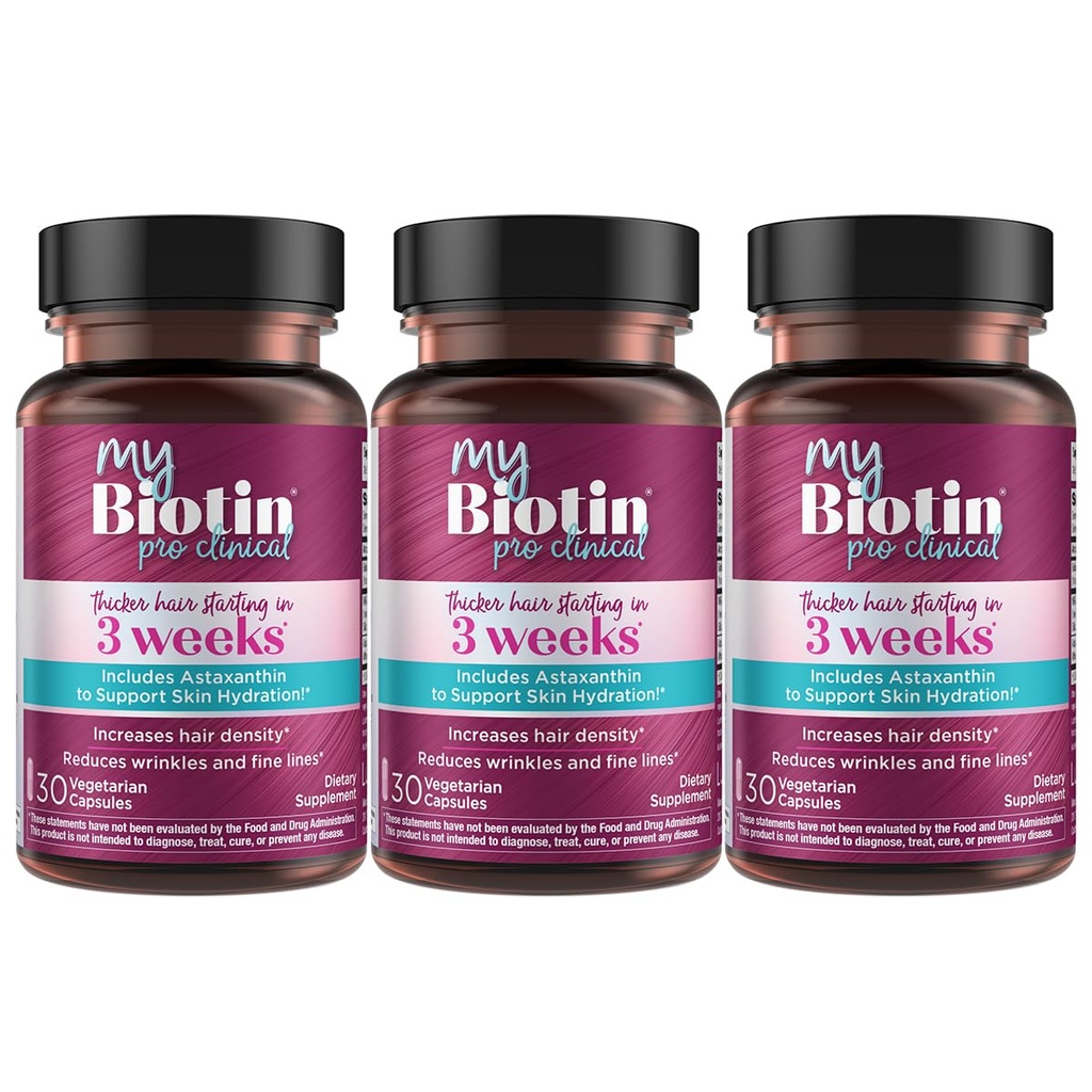 Productos de pureza MyBiotin ProClinical – Cabello delgado desde 3 semanas & luchas arrugas - MB40X Patented Biotin Vitamina B7 Matrix w/Astaxanthin - 40X Más Soluble vs Ordinary Biotin, 90 cápsulas del Veg