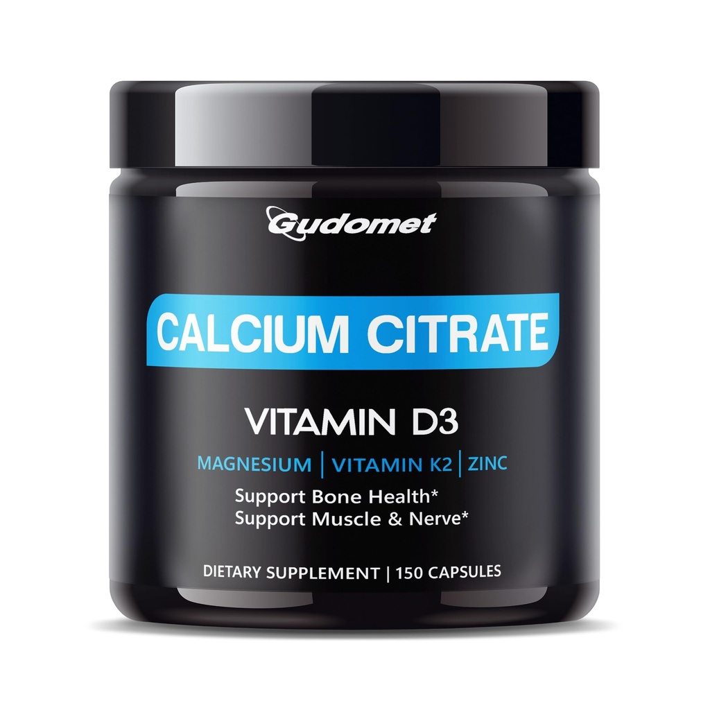 Citrato de calcio de alta absorción con vitamina D3 &amp; K2 - Ayuda Hueso, músculo &amp; Nerve Salud - 150 cápsulas, Hecho en EE.UU.