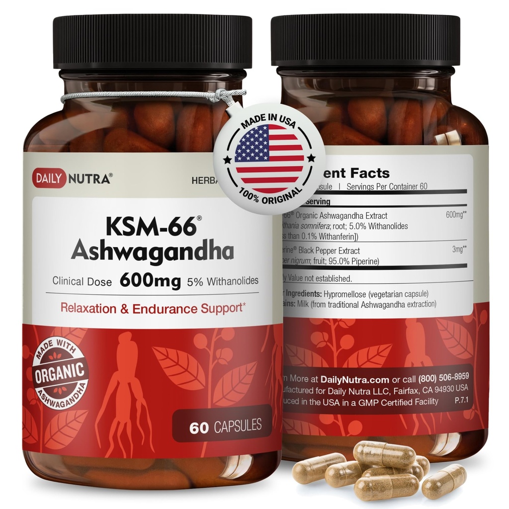 DailyNutra KSM-66 Ashwagandha 600mg Extracto Orgánico de raíces - Suplemento de alta potencia con 5% Withanolides viv Alimenta la Cansancio, apoya la relajación, el enfoque, la energía, el crecimiento muscular (60 cápsulas)