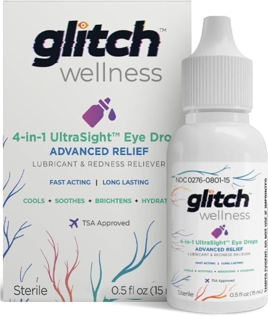 Glitch UltraSight Eye Drops 15mL - 4 in 1 Advanced Relief Dry Eye Drops - All Day Comfort with Hydration, Brightening, Cooling - Effectively Soothes Irritation " Dryness - 0.5 Fl Oz