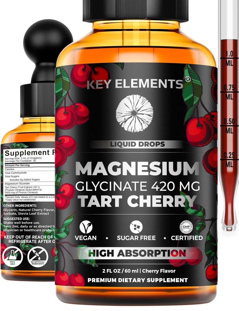 Líquido Magnesio Glycinate 420 Mg con Natural Tart Cherry Extract ¦ Magnesium Glycinate Drops Supplement for Sleep, Mood & Mobility Support latitud Tart Cherry Extract