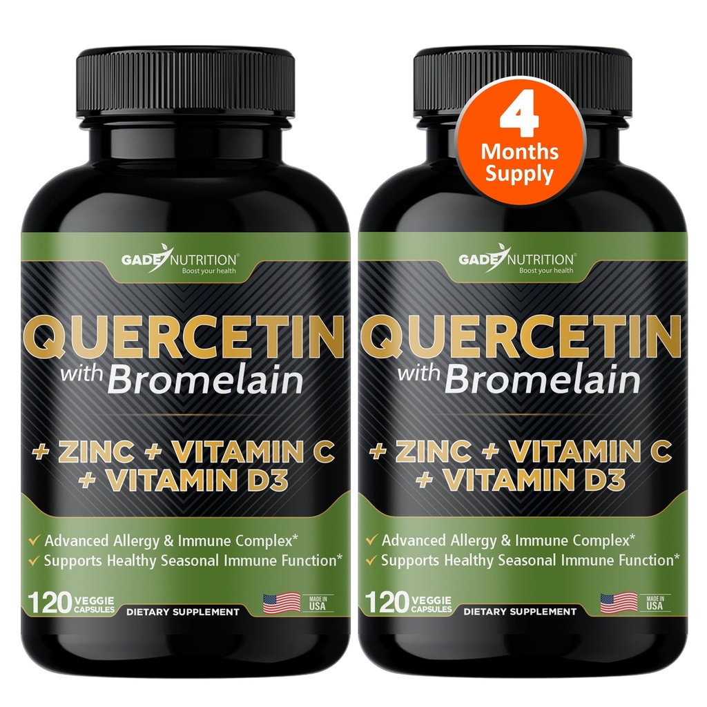 Gade Nutrition Quercetin with Vitamin C and Zinc - Quercetin 500mg - Quercetin with Bromelain - Zinc Quercetin - Quercetin Suplementos + Vitamina D3 (No-GMO, Gluten-Free, Vegan) - 4 Month Supply