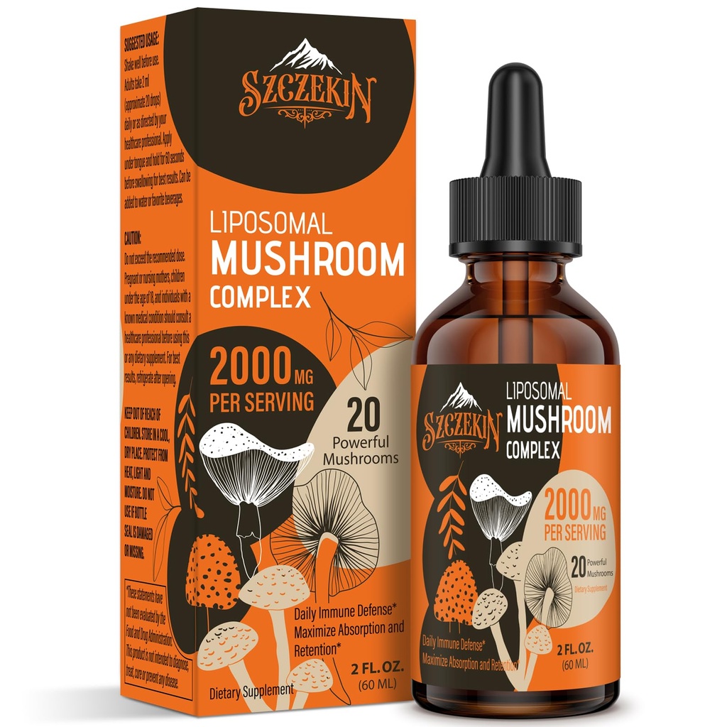 Liposomal Mushroom Complex Drops 2000 MG - 20 extractos orgánicos de hongos - Advanced Liquid Formula for Immunity, Cognitive and Memory - Lions Mane Supplement, Reishi, Cordyceps, Chaga, 30 Servings