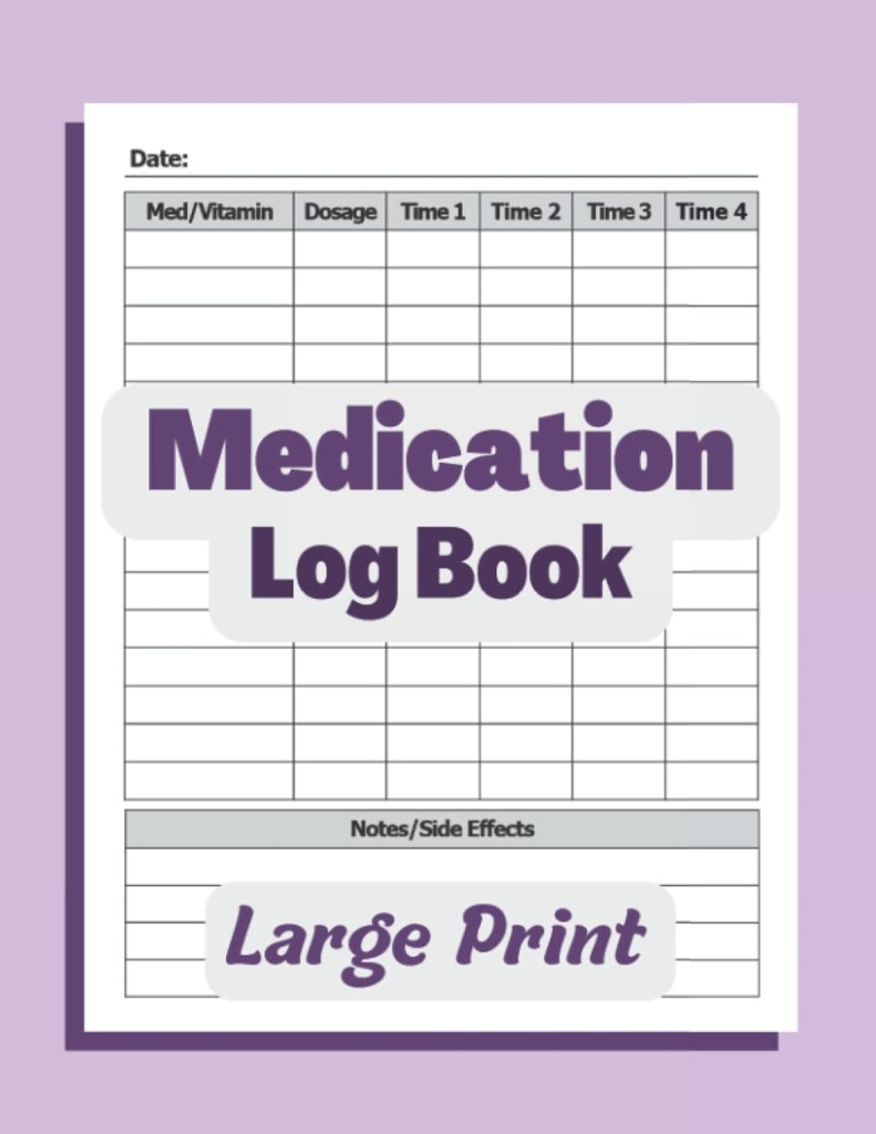 Libro de Registro de Medicamentos: Simple Logbook para registrar medicamentos, vitaminas y/o suplementos diarios. Lograr múltiples dosis y efectos secundarios. 8.5x11 Píldora de Píldoras ... y Todas las Edades o Enfermeras/Caregivers. Purple.