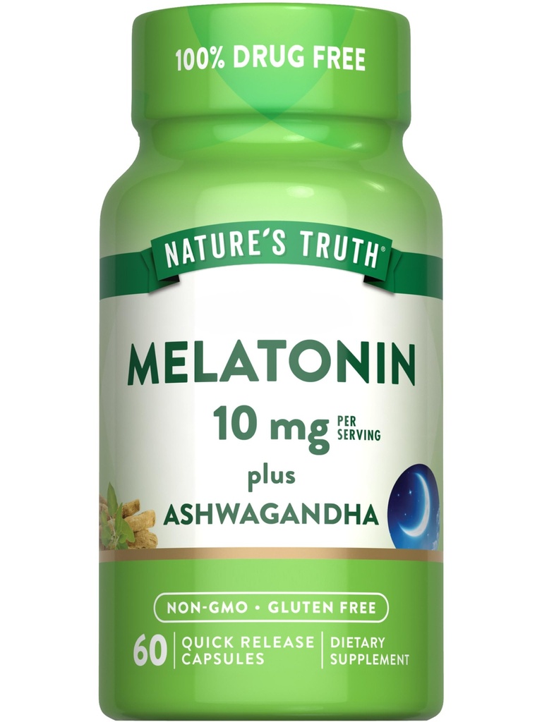 La verdad de la naturaleza Melatonin 10mg con Ashwagandha ← 60 cápsulas ← Suplemento gratuito para adultos