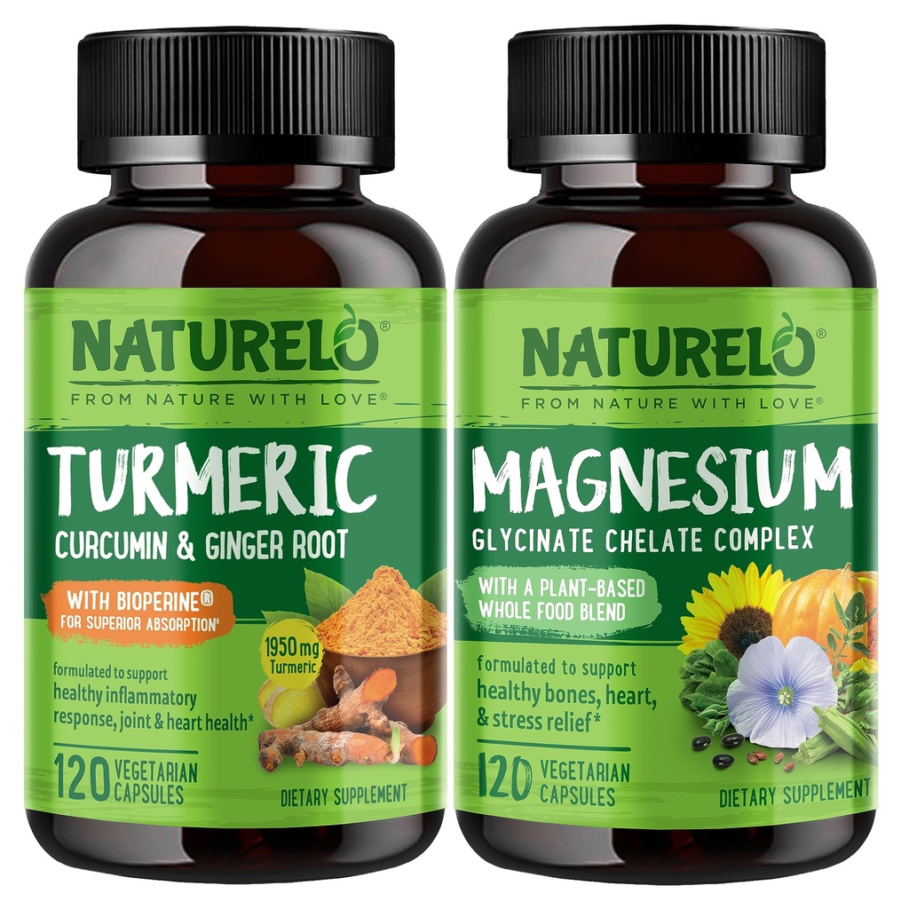 Curcumina tomérica NATURELO, Soporte conjunto basado en plantas, Glycinate de magnesio, 200 mg Magnesio - Gluten Gratis, No GMO - 120 cápsulas