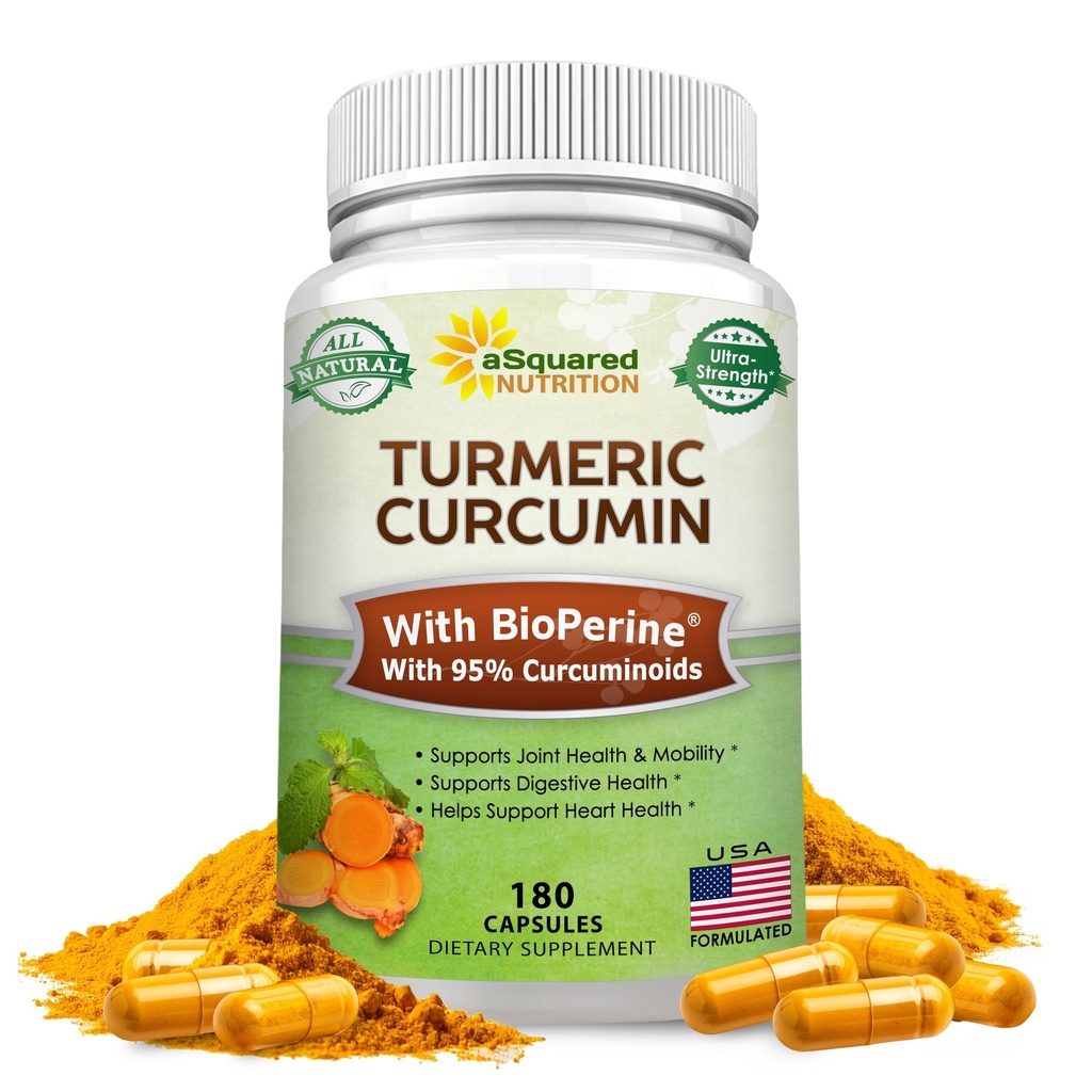 aSquared Nutrition Turmeric Curcumin 1300mg with BioPerine Black Pepper Extract - 180 Capsules - con 95% Curcuminoides, 100% Natural Tumeric Root Powder Suplementos, Pure & Joint Stiffness Pills