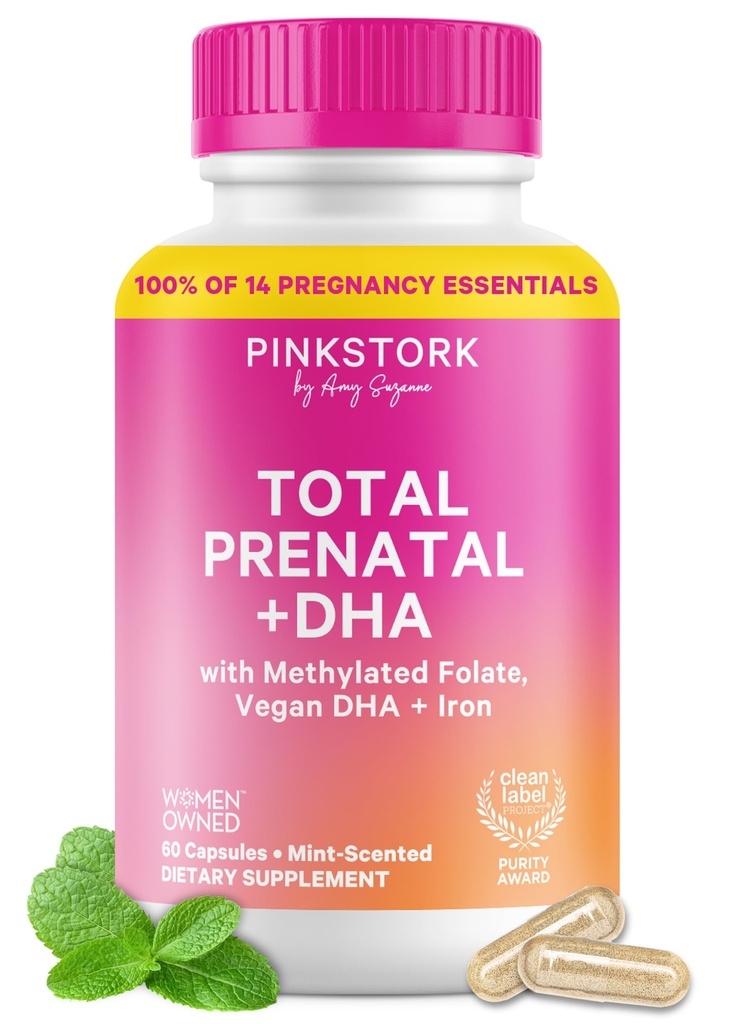 Vitaminas prenatales totales con DHA, Folate, Hierro, Choline y Vitamina B12 - Preconcepción Nutrición - Prenatales para Mujeres, Esencia de Embarazo - Esencia de la menta, 60 cápsulas, 1 mes de suministro
