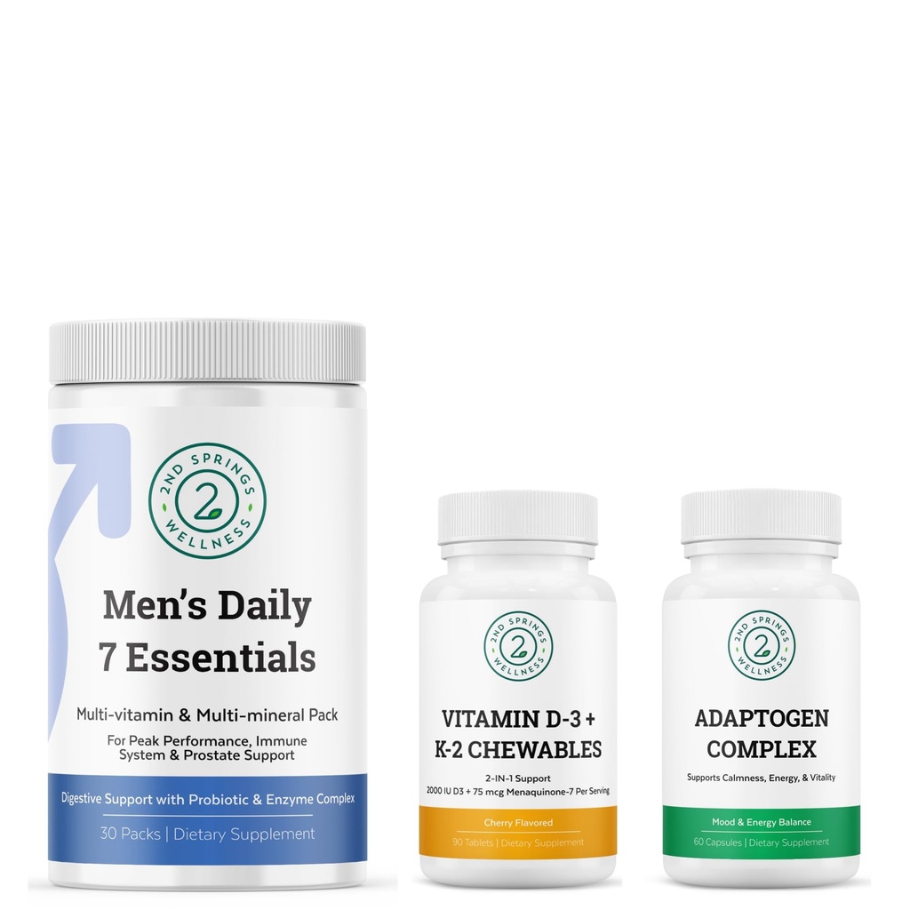 Men's Daily 7 Essentials, Adaptogen Complex &amp; Vitamin D3 + K2 Chewables Bundle
