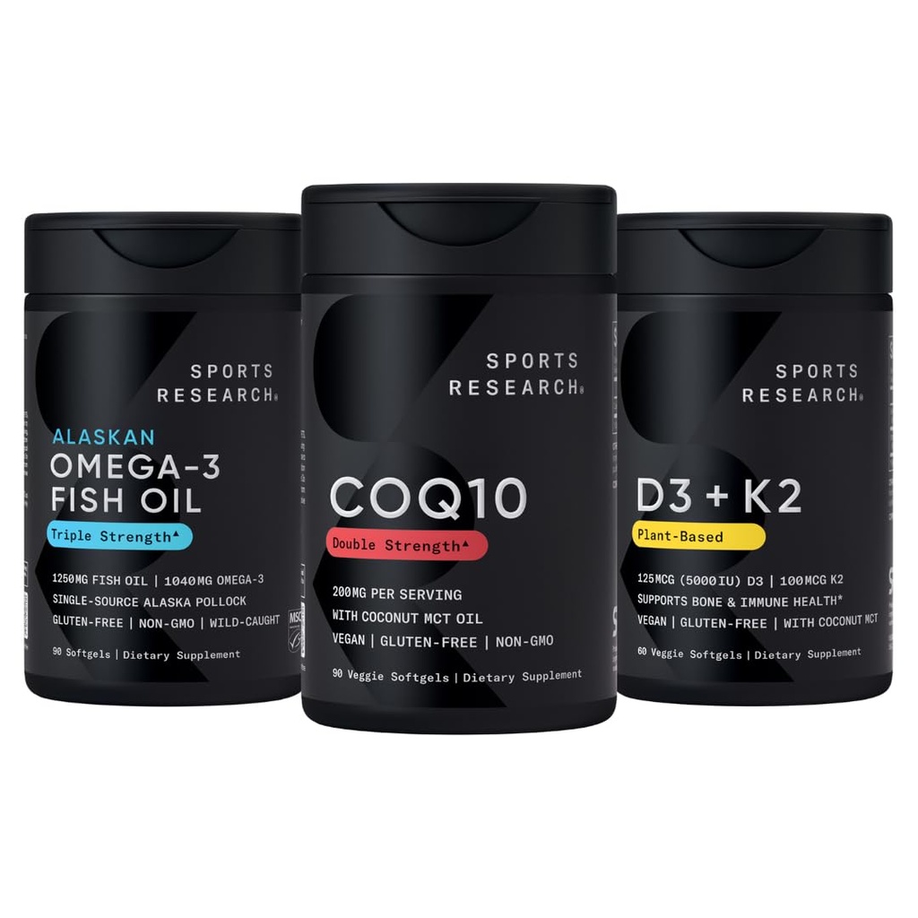 Sports Research 1250 mg Omega 3 Burpless Fish Oil from Single-Source Wild Alaskan Pollock, CoQ10 (200mg) Enhanced w/Coconut MCT Aceite para una mejor absorción y 5000iu vitamina D con 100mcg Mk7 vitamina K