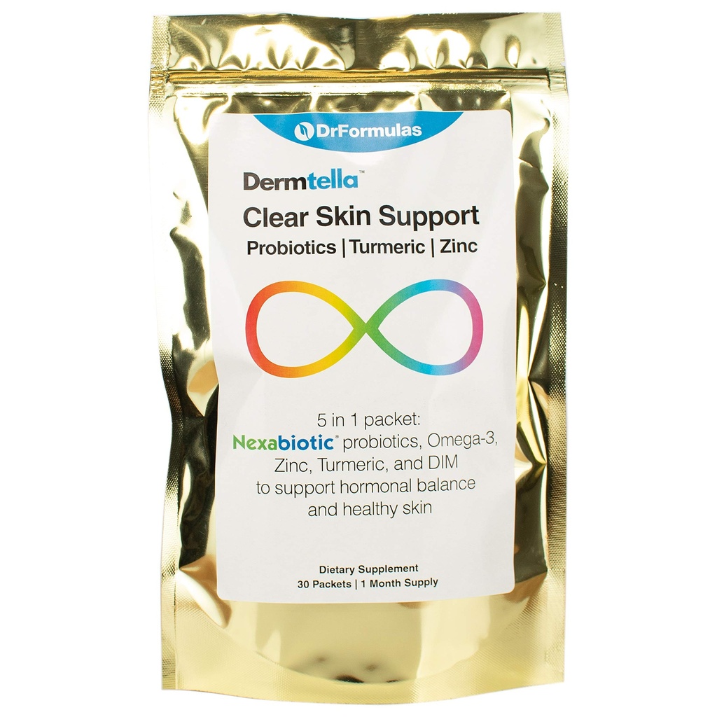 DrFormulas Dermtella Clear Skin Support Packs ¦ Pills with Zinc, Probiotics " DIM tención Suplementos para Mujeres, Adolescentes " Hombres con Probióticos Nexabióticos, Turmérico, Fish Oil, 1 Month Supply