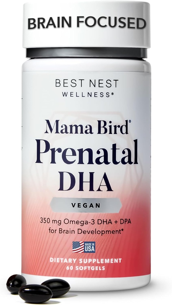 Best Nest Wellness Mama Bird Vegan Prenatal DHA - Brain &amp; Eye Support Supplement for Baby - Vegan Prenatal Supplement with Algae DHA - Nutritional Supplement for Mom - 60 Softgels