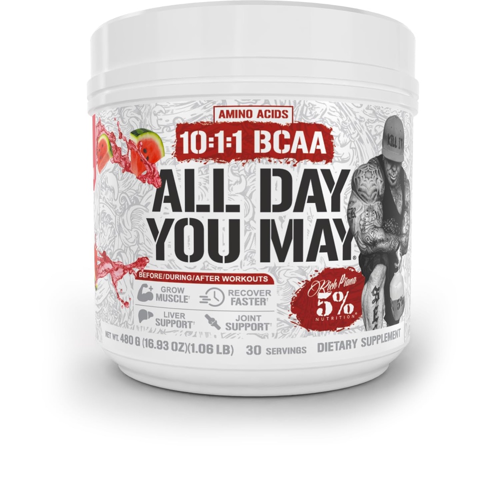 5% Nutrición Rich Piana AllDayYouMay BCAA Powder ← Premium Intra " Post Workout Amino Acids, EAA, Electrolytes ANTE Hydration, Endurance, Recovery TEN Vegan " Keto TEN 16.9 oz, 30 Srvgs (Watermelon)