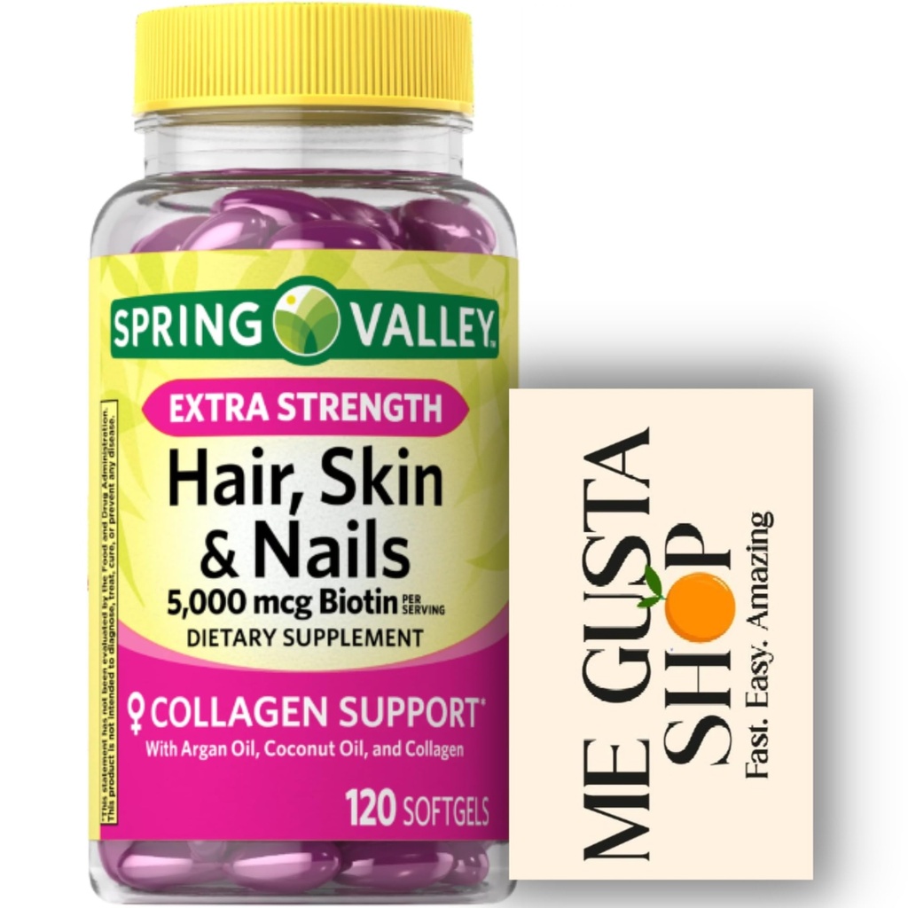 Extra Strength Hair, Skin & Nails Dietary Spring Valley Suplemento, Biotin, Collagen, Gelatin 120 ct Incluye organizador de píldoras