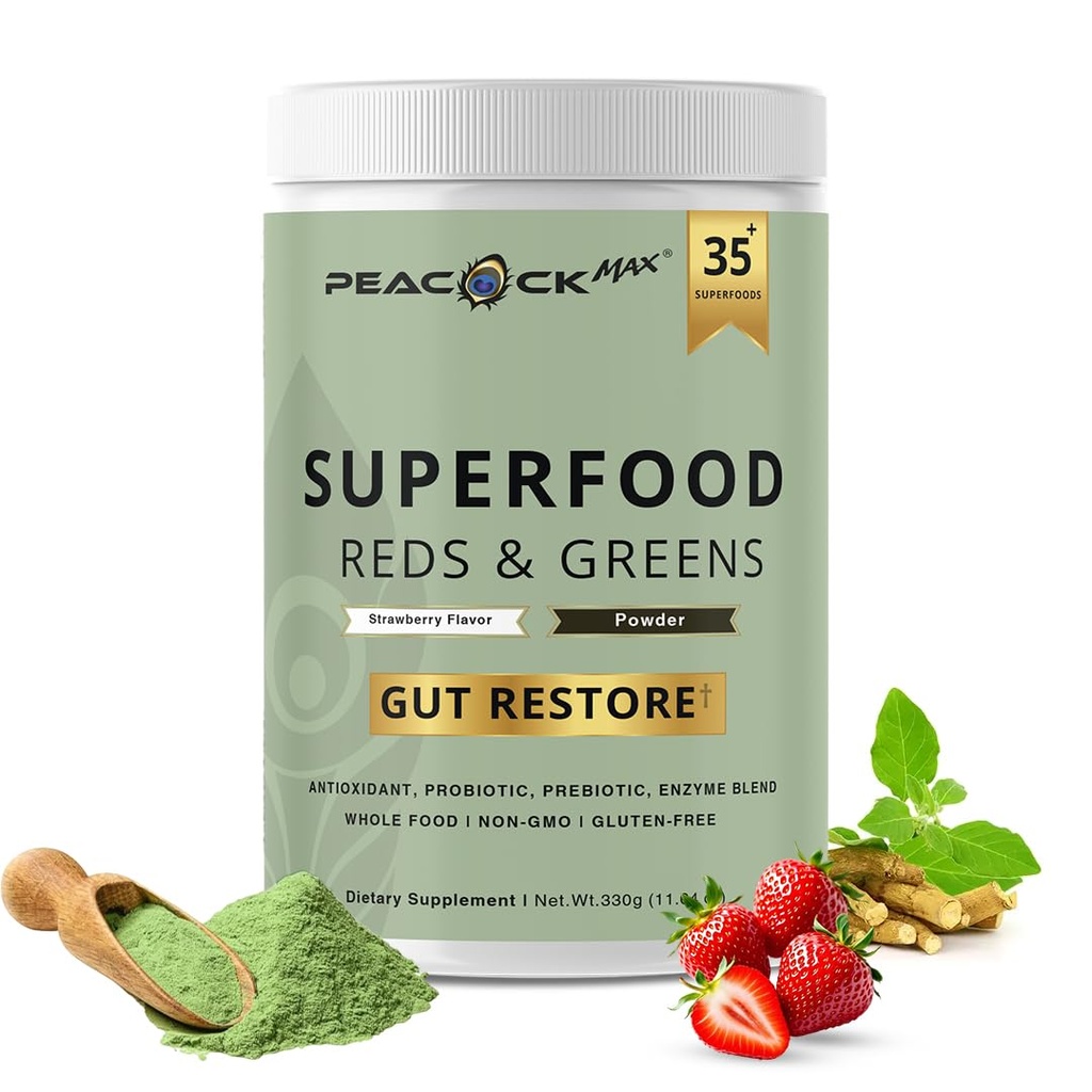 Superfood Reds " Greens Powder - 11.64 oz, Prebióticos " Probióticos para la Salud Digestiva, Super Greens Polvo con Ashwagandha para Gut Health, Immunity, Antioxidants, Vegan, Non-GMO
