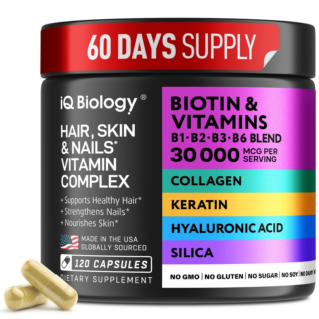Biotina para el crecimiento del cabello Mujeres &amp; Hombres con queratina, Complejo Collagen 30000 mcg – Cápsulas para la pérdida del cabello > Esquí & uñas Vitaminas, Biotina 10000mcg y Suplementos Collagen - 120 Píldoras