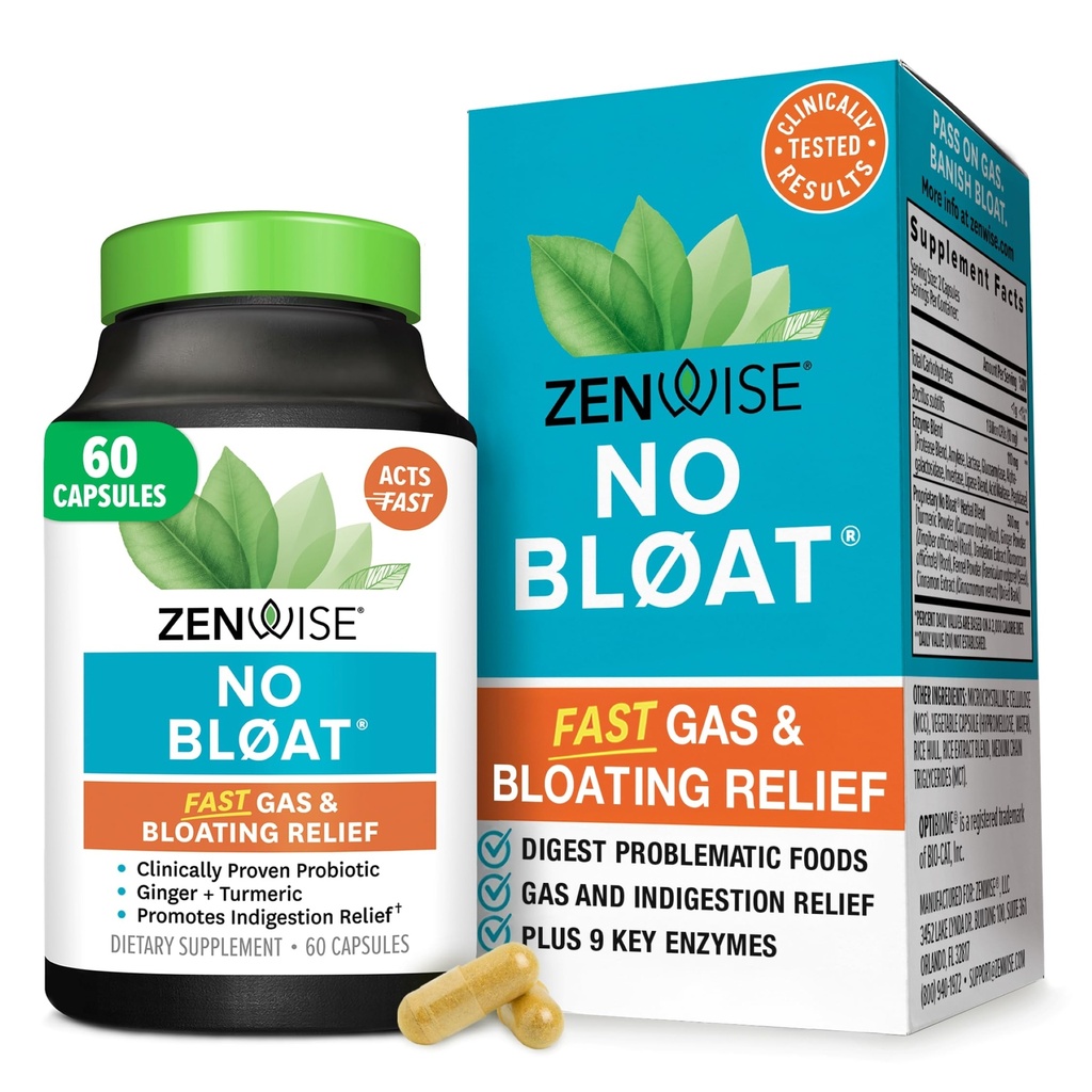 Zenwise Health No Bloat Digestive Enzymes for Gut Health, Gas &amp; Bloating Relief - Multi Enzymes Digestion Suplemento con Probióticos, Ginger, Turmeric Dandelion & Lactase - Hombres - 60 Cuenta
