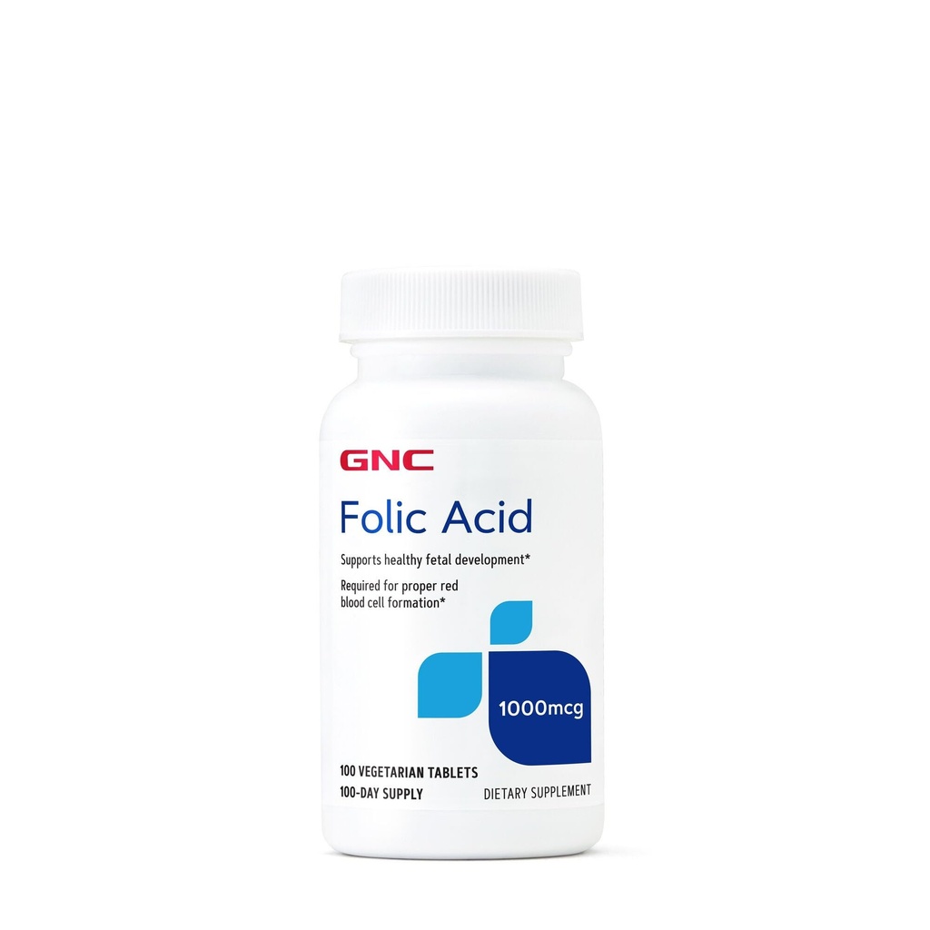 GNC Folic Acid 1000mcg, apoya el desarrollo fetal saludable, requerido para la formación adecuada de células rojas de sangre, Fórmula vegetariana, 100 Conde