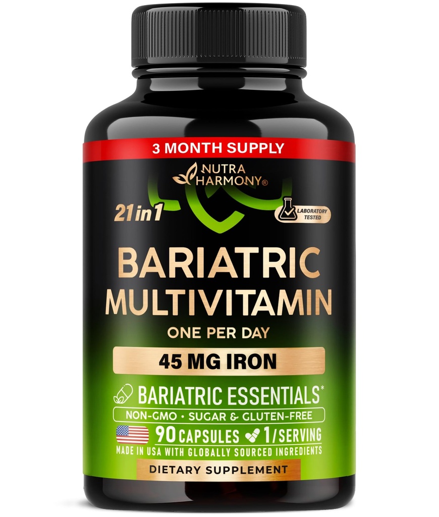 Multivitamina Bariatric - 45 mg Suplementos de Hierro - Hecho en EE.UU. - para Hombres Mujer - All-in-One, 21 Vitaminas Esenciales - Gastric Sleeve Soporte - Libre de Azúcar, Gluten &amp; Soy - 90 cápsulas, Una vez diaria