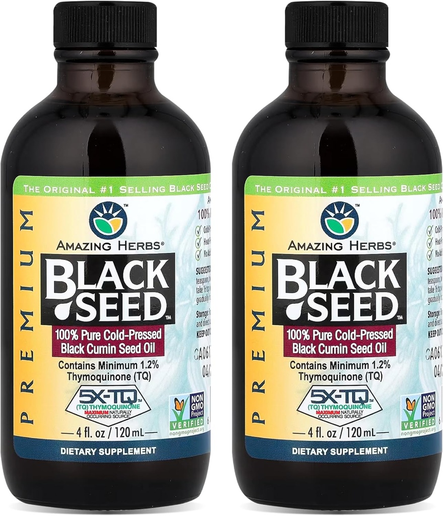 Increíbles hierbas Premium aceite de semilla negra - Gluten libre, no GMO, Cold Presionado Nigella Sativa Ayudas en Salud Digestiva, Apoyo Inmune, Función cerebral, Movilidad Conjunta - 4 Fl Oz (Pack de 2)