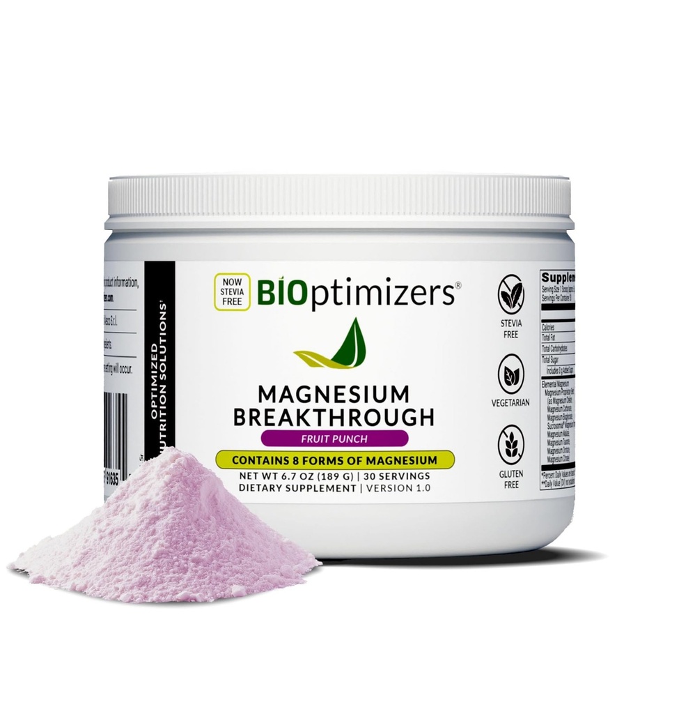 BIOptimizers Magnesium Breakthrough Drink - 8 Forms of Magnesium, Electrolytes, Sleep Health, Stress, Muscle Recovery, Heart Support ← Glycinate, Citrate, Malate - Fruit Punch