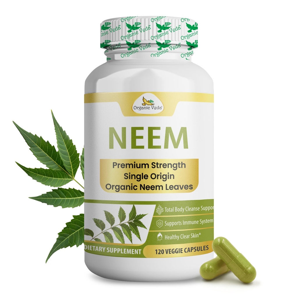 Orgánica Veda Neem Capsules, 1000mg - Suplemento Herbal Orgánico Hecho con ayurvédico India Neem Leaf Powder - Apoyo Esquí Radiante, Inmuno, Detox, Respuesta Inflamatoria Saludable - 120 Veggie Capsules