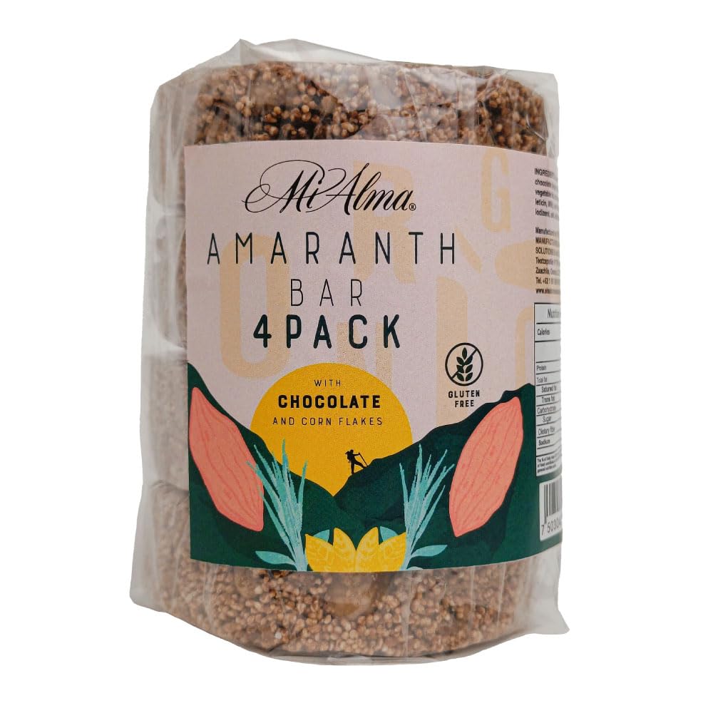 Mi Alma, 4 BAR PACK Amaranth Bar con chocolate y copos de maíz PREMIUM, Barra de Amaranto con Chocolate, Super Food, Gluten Free, Healthy Snack, 8.4 oz