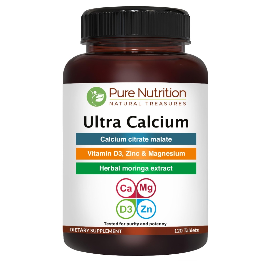 Nutrición pura Ultra Calcio 1000mg con VIT D3 + K2 tención 120 Tab tención Suplemento de calcio altamente absorbible con Calcio Citrate Malate, VIT D3, K2, Moringa Oleifera, Magnesio y Zinc.
