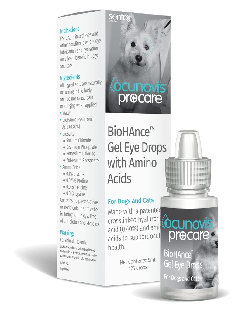 Sentrx - Ocunovis ProCare Gel Eye Drops for Dogs and Cats, Hidrating Cat and Dog Eye Drops with Hyaluronic Acid, Lysine, and Amino Acids, Preservative-Free and Antibiotic-Free, 5 ml